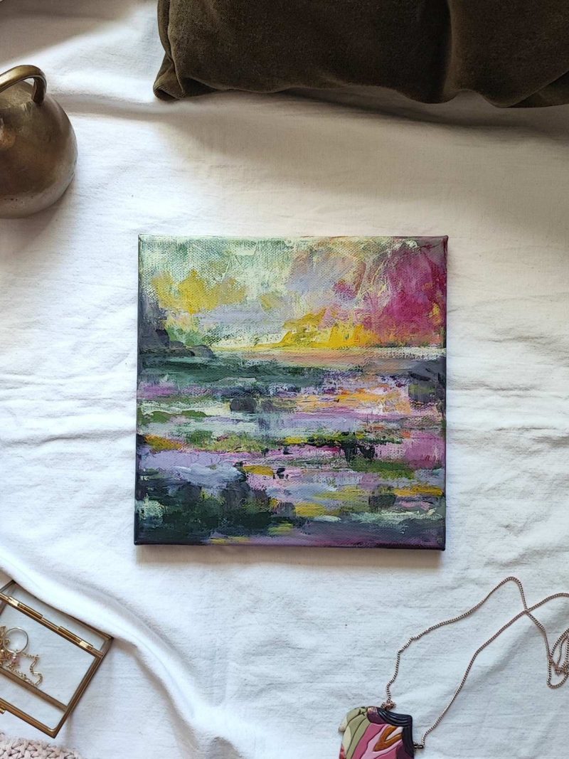 apstraktni akril na platnu, tišina sumraka, pastelne boje, zalazak sunca nad jezerom